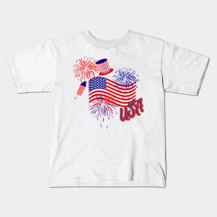 USA Waving Flag Fireworks Patriotic Collage Kids T-Shirt